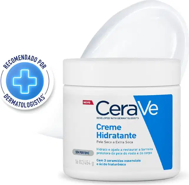 Pote branco da CeraVe com tampa aberta, rótulo azul e branco com "Creme Hidratante" para pele seca a extra seca, 454 g. Selo azul "Recomendado por Dermatologistas".