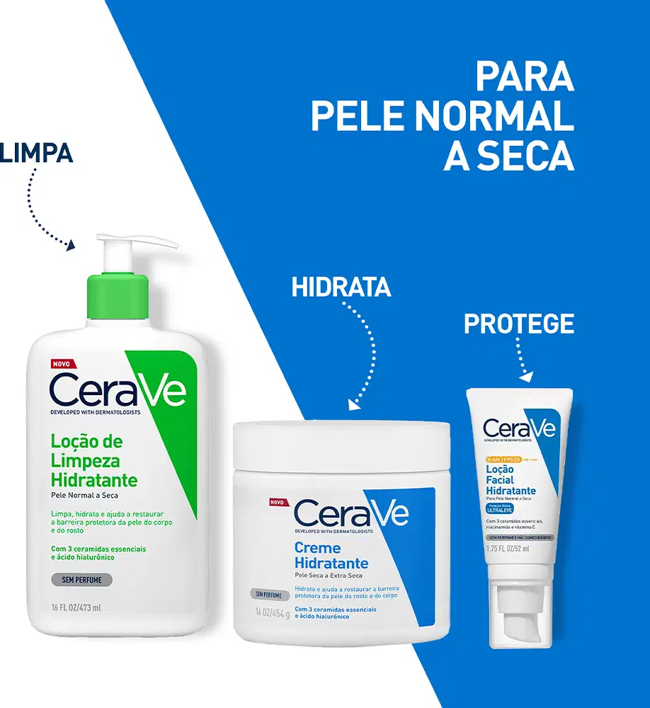 Fundo dividido em branco e azul vibrante, com a linha da CeraVe para pele normal a seca: loção de limpeza, creme hidratante e loção facial com FPS.