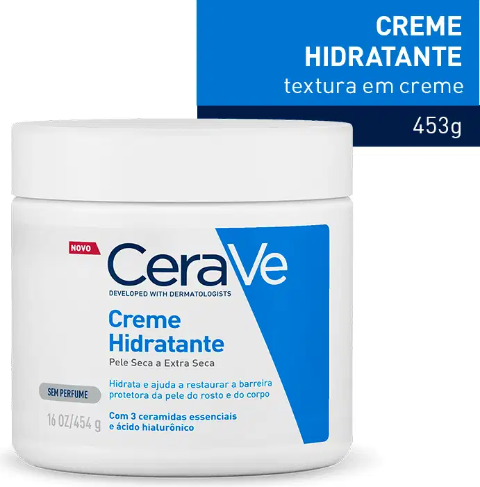 Pote branco da CeraVe Creme Hidratante 453g, com tampa branca, faixa azul e rótulo com texto "Pele Seca a Extra Seca", "Sem Perfume" e "Novo".