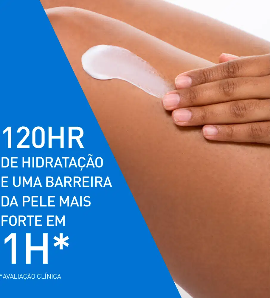 Cenário de cuidado corporal diário: uma mão aplica creme branco na pele bronzeada do braço. Predominam azul e laranja-pele, com fundo branco e texto promocional em destaque.