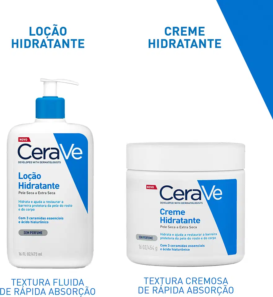 Fundo branco com faixas azuis, apresentando loção e creme hidratante CeraVe lado a lado, com textos destacando textura fluida ou cremosa e absorção rápida para uso diário.
