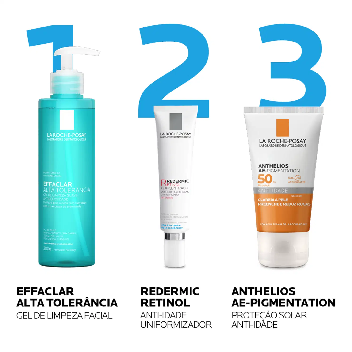 Passo a passo de cuidado com La-Roche Posay. 1: gel de limpeza Effaclar alta tolerância, 2: Redermic Retinol, 3: protetor solar Anthelios AE-Pigmentation.