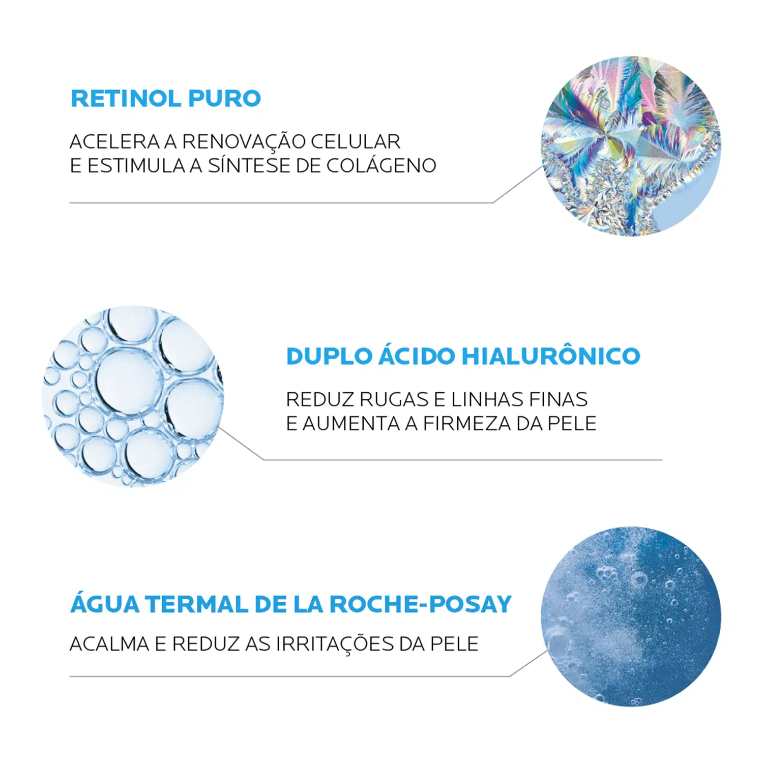 Com retinol puro, duplo ácido hialurônico e água termal de la roche-posay.