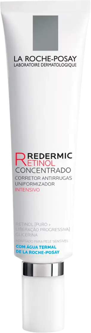 Embalagem em tubo plástico branco com detalhes em cinza e vermelho. Rótulo indica que é um "Redermic Retinol Concentrado", um corretivo antirrugas uniformizador intensivo.