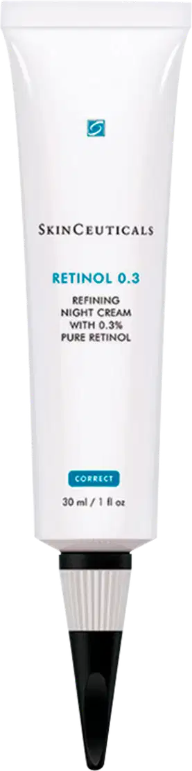 Tubo branco de 30 ml da linha SkinCeuticals, contendo o produto "Retinol 0.3", um creme noturno refinador com 0,3% de retinol puro, conforme indicado no rótulo.
