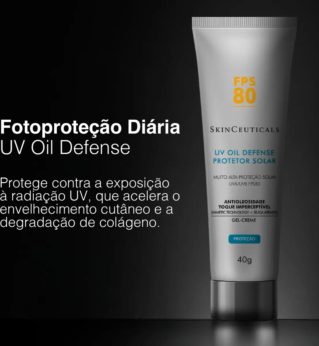 Fotoproteção Diária UV Oil Defense Protege contra a exposição à radiação UV, que acelera o envelhecimento cutâneo e a degradação de colágeno. FPS 80.