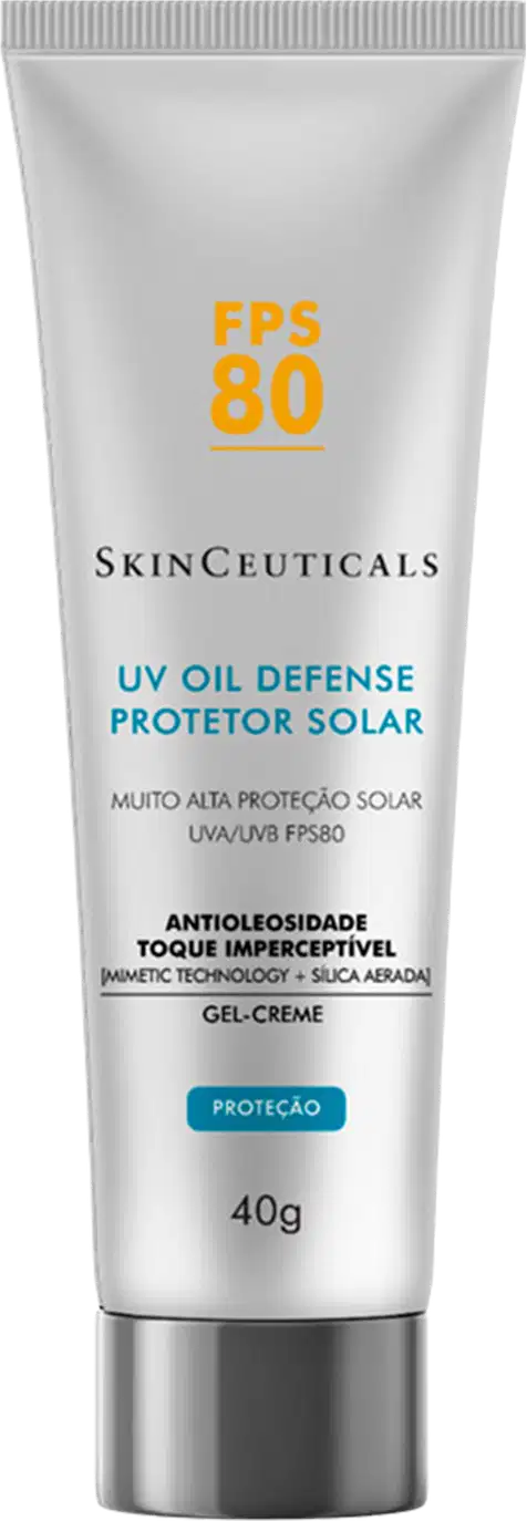 Tubo de gel-creme de proteção solar SkinCeuticals com FPS 80, embalagem branca e azul, com rótulo indicando "UV Oil Defense Protetor Solar" e "Antioleosidade toque imperceptível".