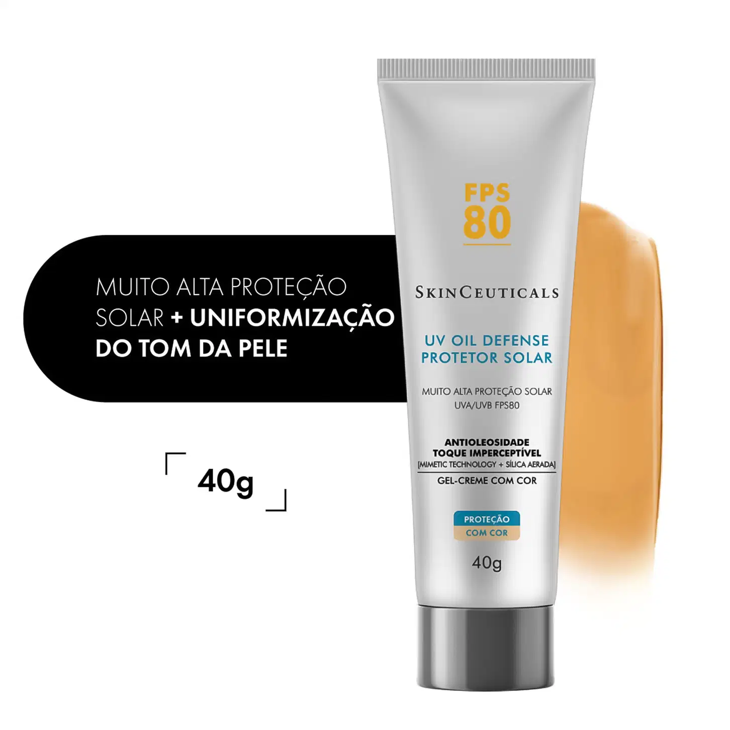 Tubo de protetor solar SkinCeuticals FPS 80 com tecnologia antimanchas, embalagem branca com detalhes em amarelo, informações sobre o produto e sua composição.