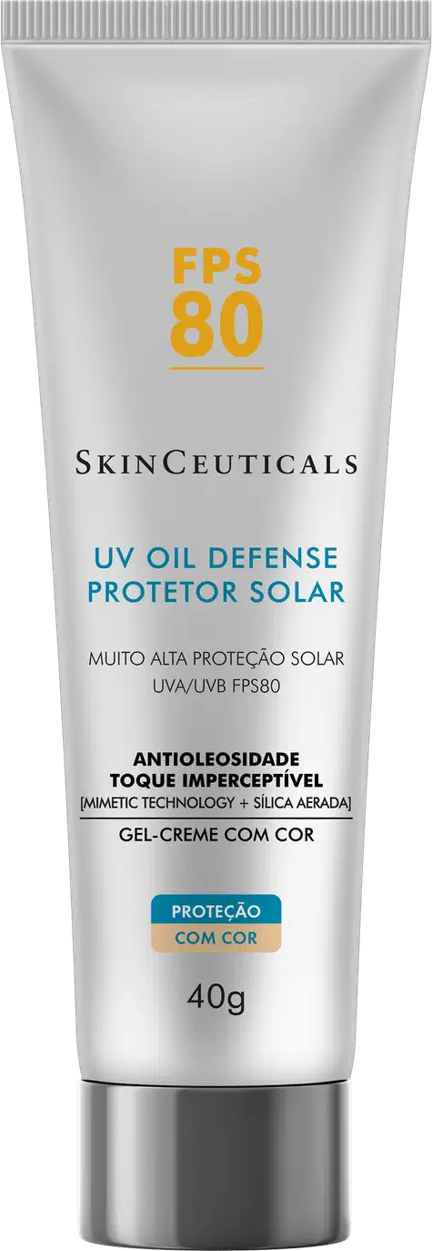 Tubo de protetor solar SkinCeuticals FPS 80 com tecnologia antimanchas, embalagem branca com detalhes em amarelo, informações sobre o produto e sua composição.