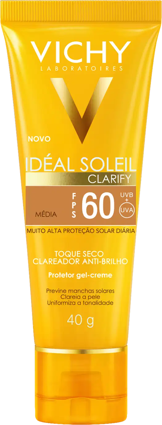 Tubo de protetor solar em gel-creme da linha Ideal Soleil da Vichy, com FPS 60 e embalagem amarela e preta. O produto promete proteção solar diária e uniformidade da pele.