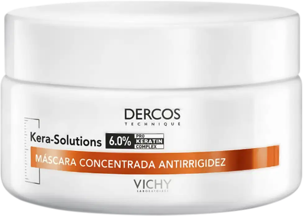 Frasco branco de máscara concentrada antirrigidez da linha Kera-Solutions da Dercos, marca Vichy, com 6,0% de complexo de queratina.