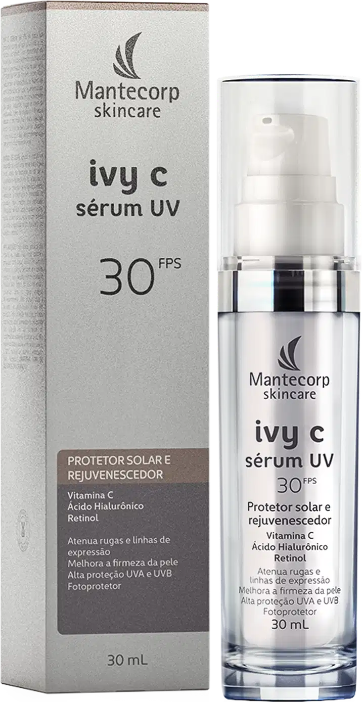 Sérum Protetor Solar Rejuvenecedor Facial Mantecorp Ivy C UV 30FPS ao lado da caixa