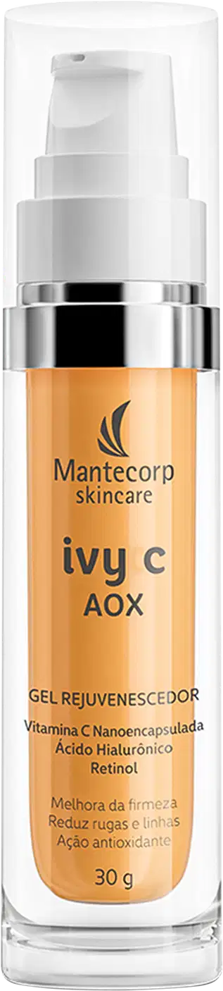 Frasco cilíndrico de 30g transparente com tampa branca. Rótulo laranja com o nome do produto "ivy c AOX" e a marca "Mantecorp skincare". Descrição indicando que contém vitamina C nanoencapsulada, ácido hialurônico e retinol.
