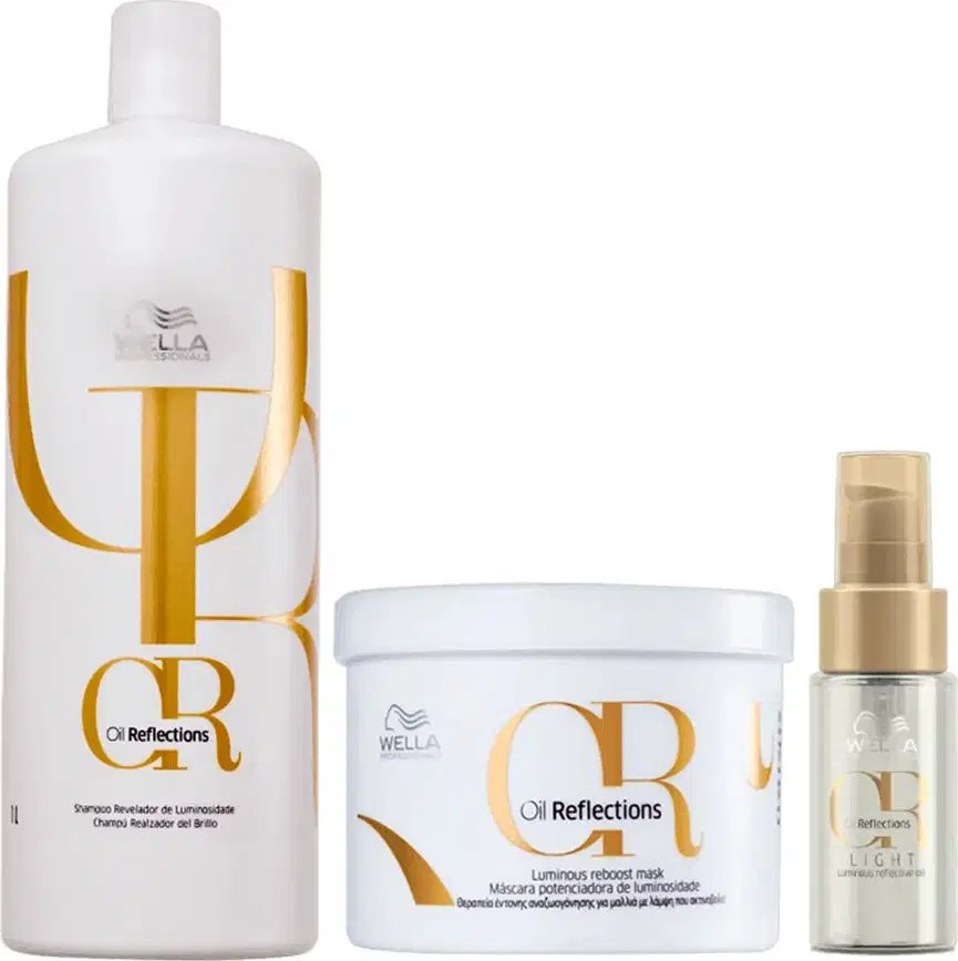 Produtos de tratamento capilar da linha Oil Reflections da Wella Professionals. Inclui um shampoo, uma máscara e um óleo capilar.