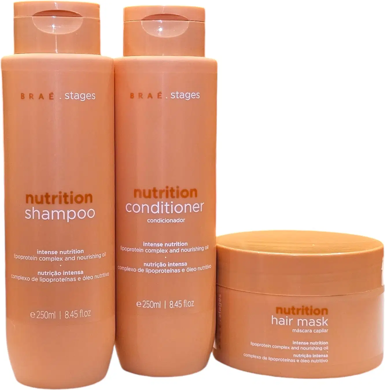 Três produtos da marca Braé: shampoo, condicionador e máscara capilar da linha Nutrition, em embalagens laranja com detalhes em branco e texto descritivo.