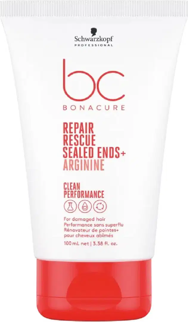 Tubo branco e vermelho da linha Bonacure da Schwarzkopf Professional, contendo o produto "Repair Rescue Sealed Ends + Arginine" para cabelos danificados. O rótulo destaca os benefícios de limpeza e performance do produto.