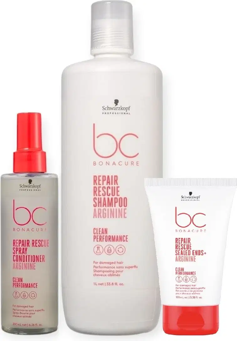 Produtos da linha Bonacure da Schwarzkopf Professional, incluindo um frasco de shampoo, um spray condicionador e um tubo de tratamento para pontas. As embalagens apresentam cores branca e vermelha com o logotipo da marca.