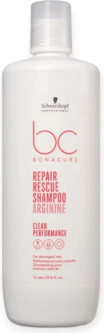 Frasco branco da linha Bonacure da Schwarzkopf Professional, contendo o Repair Rescue Shampoo Arginine, produto para cabelos danificados com desempenho limpo, conforme indicado no rótulo.