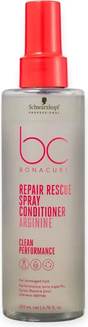 Frasco de spray condicionador de cabelos da linha Bonacure da Schwarzkopf Professional, com rótulo vermelho e cinza, contendo 200 ml do produto "Repair Rescue Spray Conditioner".