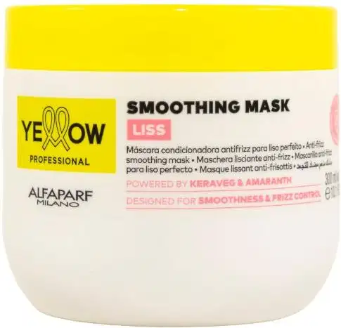 Embalagem de máscara alisante da linha Yellow Professional, em pote branco com tampa amarela, contendo informações sobre o produto em rótulo.