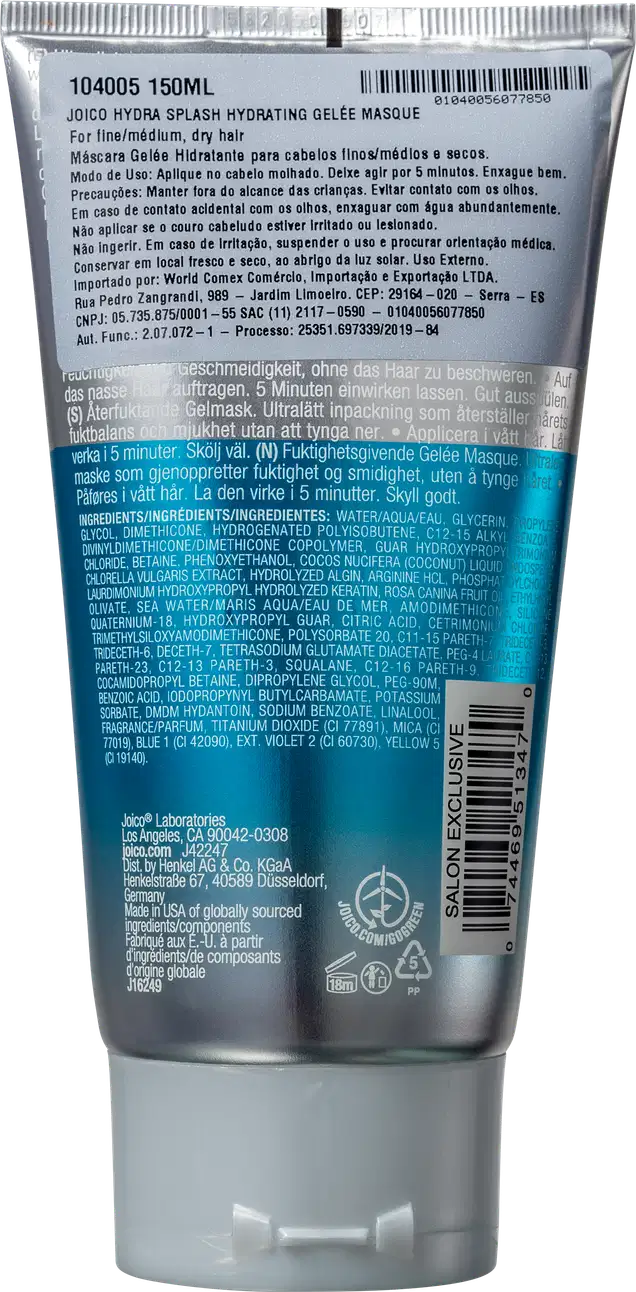 Tubo de 150 ml de máscara hidratante Joico Hydra Splash, com rótulo detalhado em várias línguas. Embalagem prateada com informações sobre o produto, ingredientes e instruções de uso.