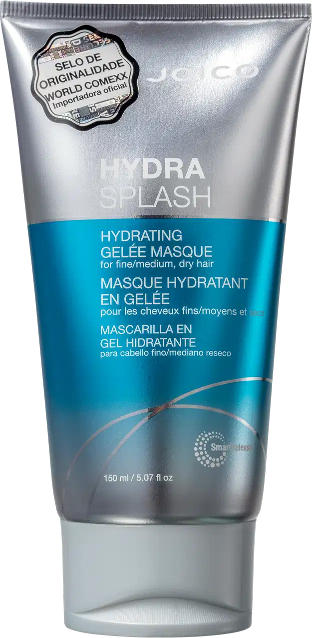 Tubo de máscara hidratante em gel da linha Hydra Splash da Joico, com rótulo prata e azul, contendo 150 ml do produto para cabelos finos/médios e secos.