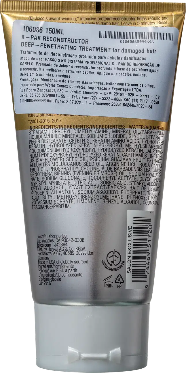 Trata-se de um frasco de tratamento capilar da marca Joico, com embalagem dourada e preta, contendo informações sobre o produto e seus ingredientes.