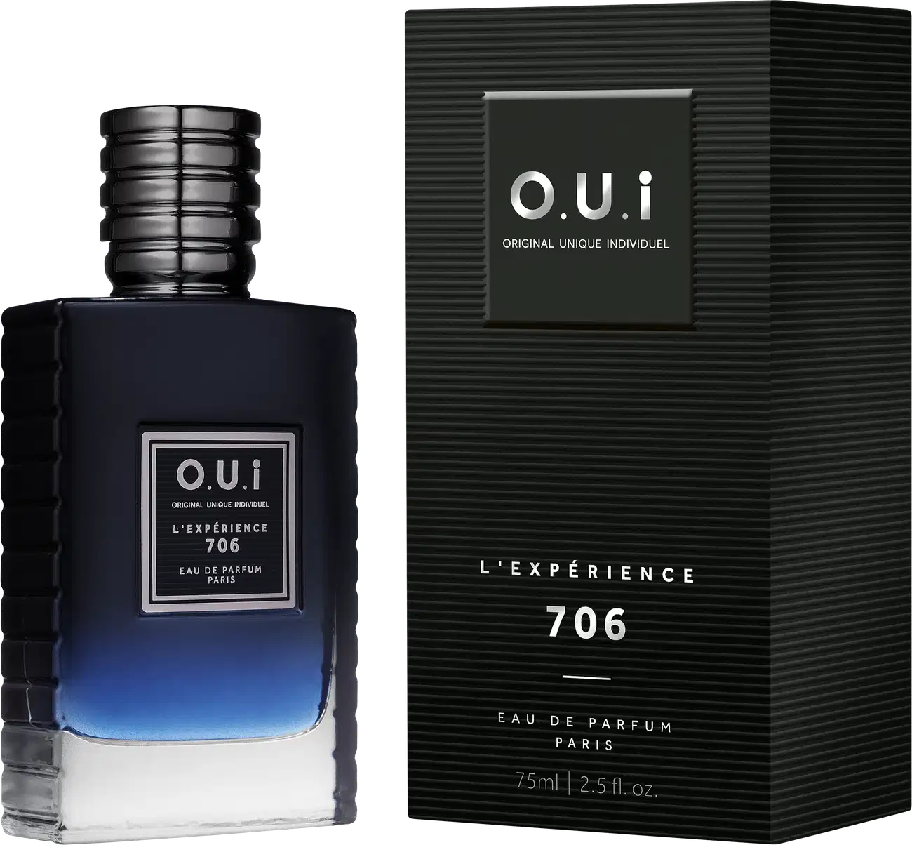 Frasco de item de perfumaria preto e azul com rótulo "L'experience 706" e caixa preta com texto "O.U.I. ORIGINAL UNIQUE INDIVIDUEL" em branco. O frasco possui design estriado e a caixa tem acabamento liso e texturizado.