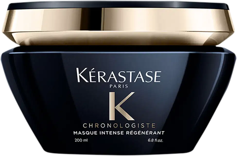 Frasco preto e dourado da linha Chronologiste da Kérastase, contendo 200 ml de máscara intensa regenerante. O rótulo em destaque apresenta o nome da marca e do produto.