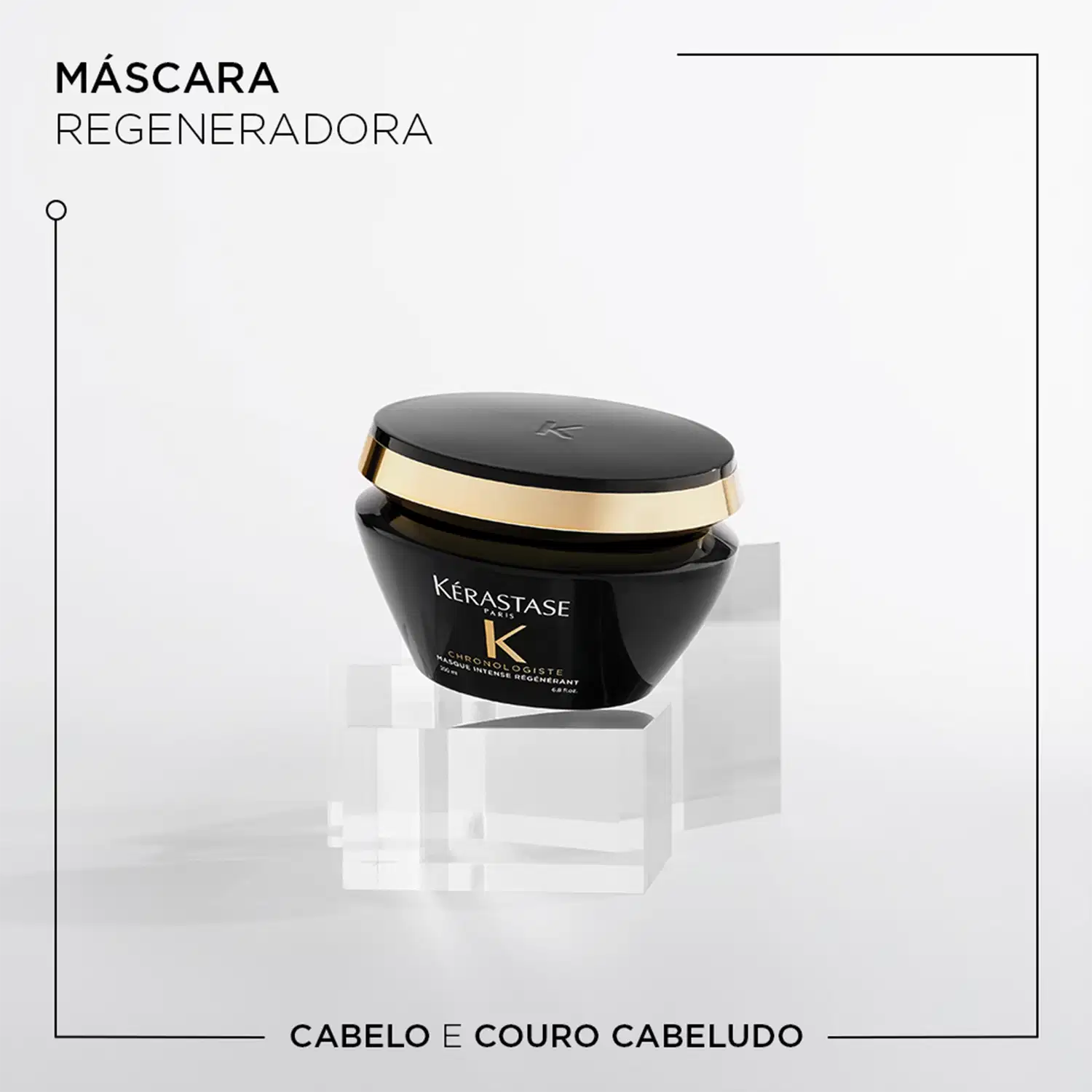 Frasco preto e dourado da máscara capilar Kérastase Chronologiste, com rótulo destacado em letras brancas. Embalagem de 200 ml, com design elegante e sofisticado.