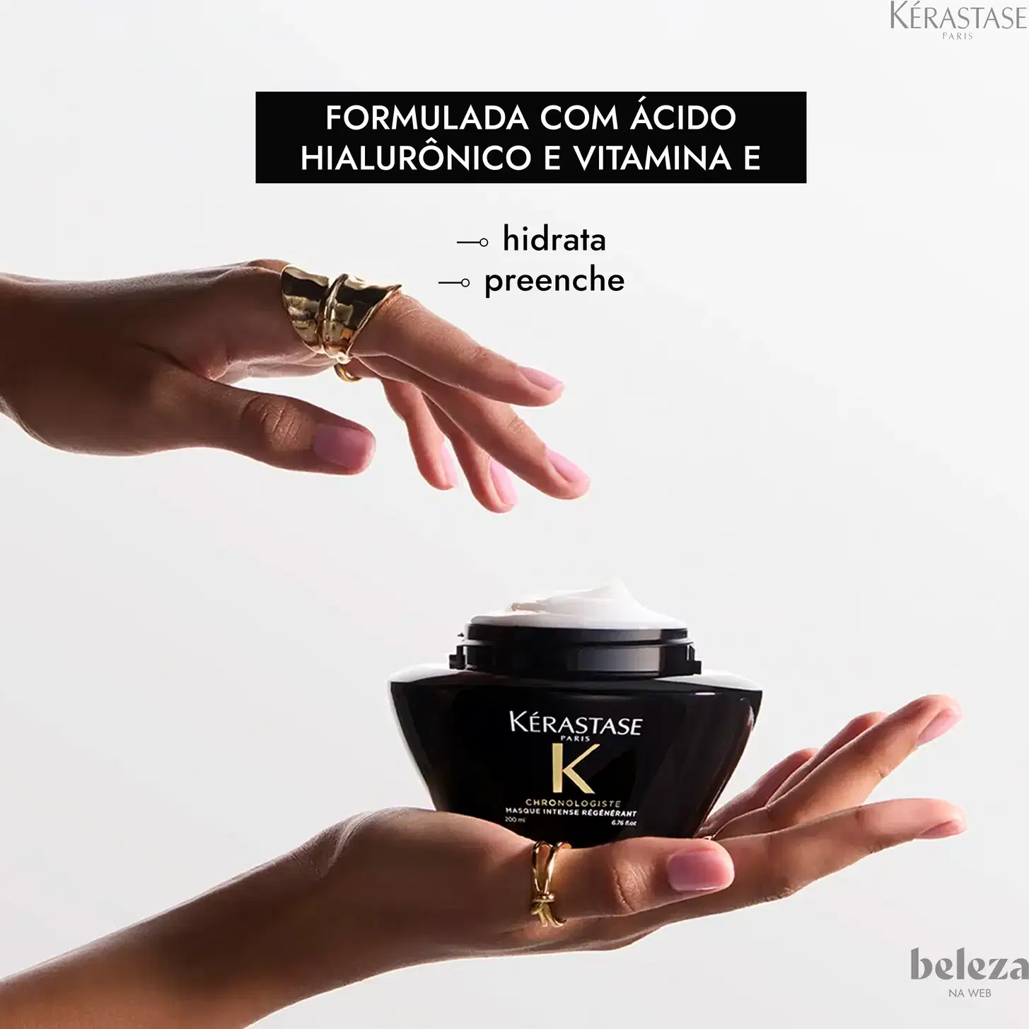 Embalagem preta da marca Kérastase com texto "Formulada com ácido hialurônico e vitamina E" e "hidrata" e "preenche".