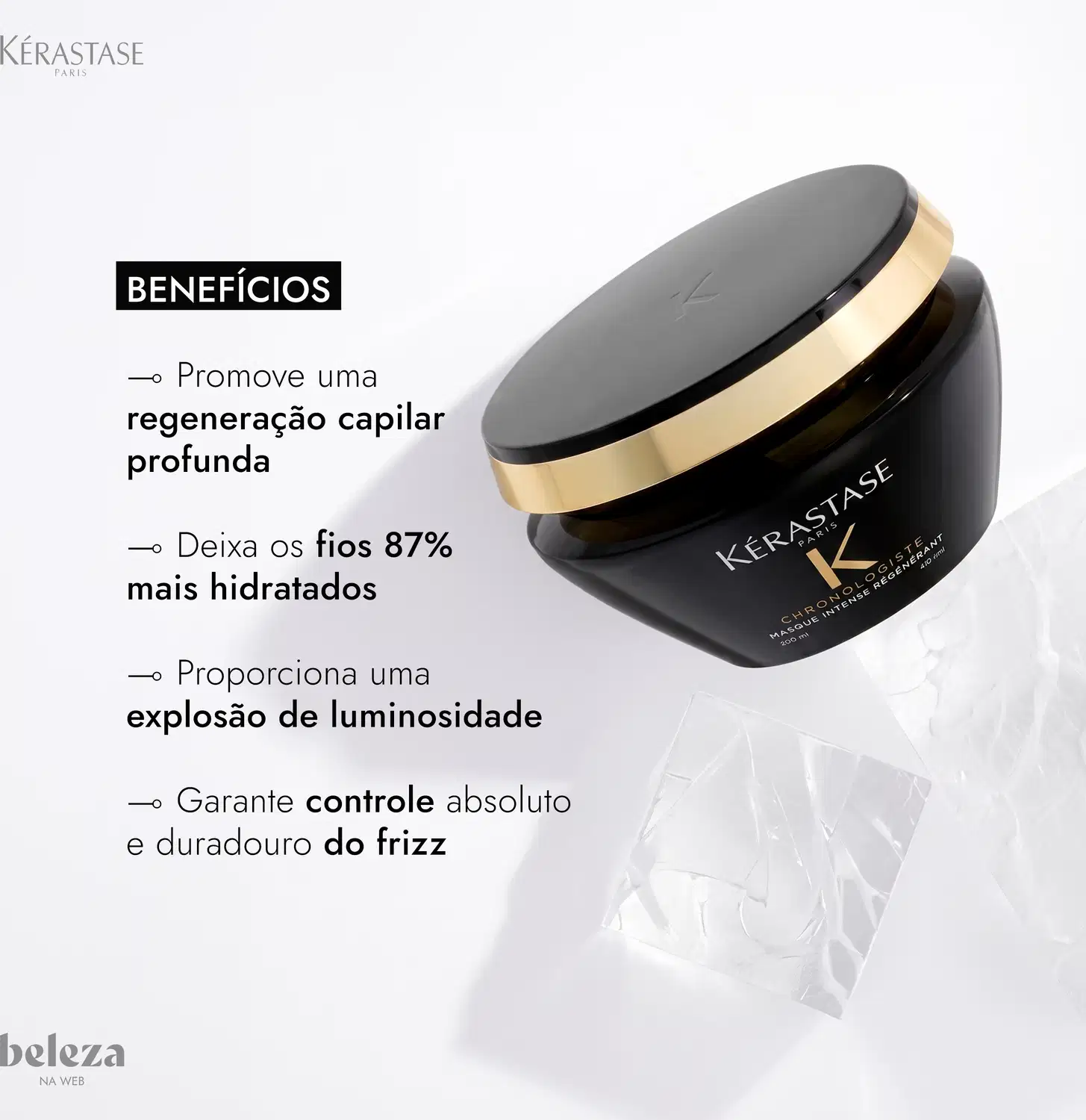 Embalagem preta e dourada da marca Kérastase, com texto "Benefícios" listando vantagens como regeneração capilar profunda, fios mais hidratados, luminosidade e controle do frizz.