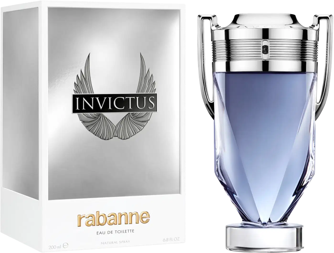 Frasco de perfume Invictus, da marca Paco Rabanne, com design elegante e moderno em tons de azul e prata, com detalhes metálicos na tampa.