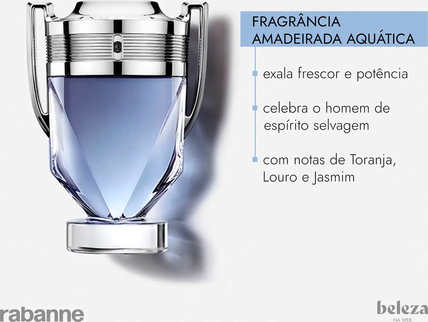 Frasco de perfume Invictus, da marca Paco Rabanne, com design elegante e moderno em tons de azul e prata, com detalhes metálicos na tampa.