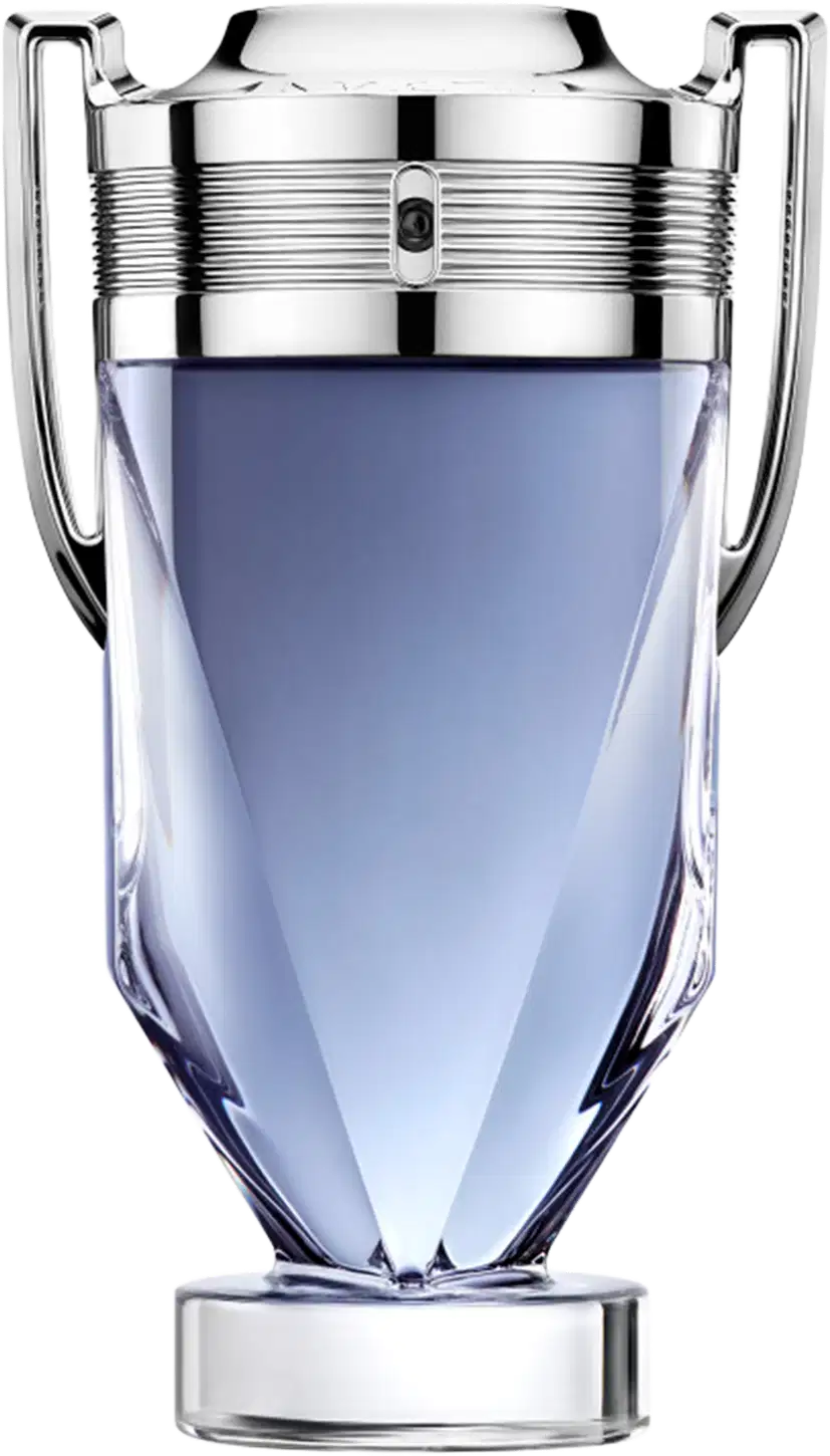 Frasco de perfume Invictus, da marca Paco Rabanne, com design elegante e moderno em tons de azul e prata, com detalhes metálicos na tampa.