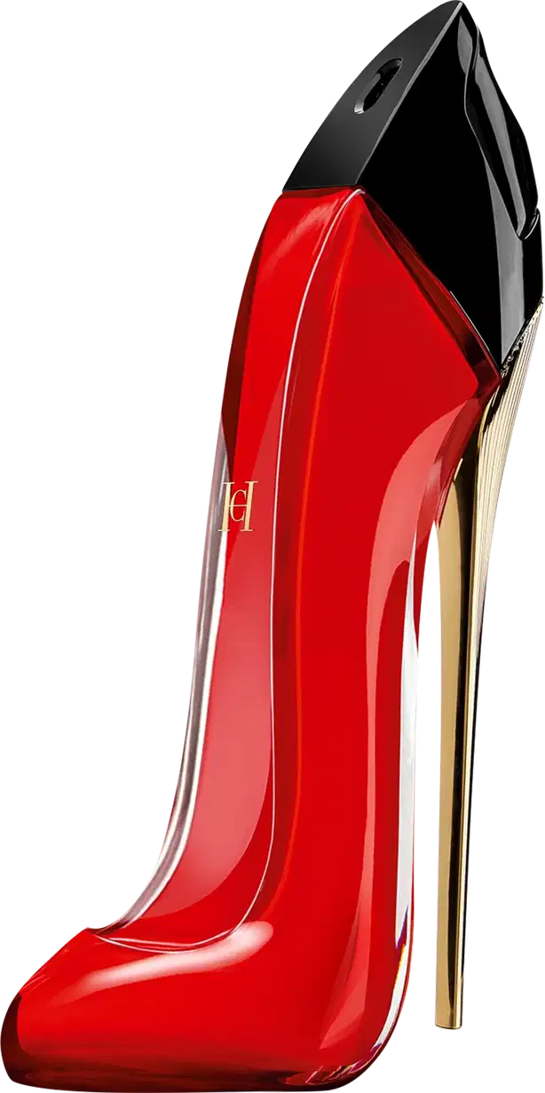 Perfume feminino em frasco de vidro vermelho brilhante com formato de salto alto. O design elegante e ousado é característico da marca de moda e fragrâncias Carolina Herrera.