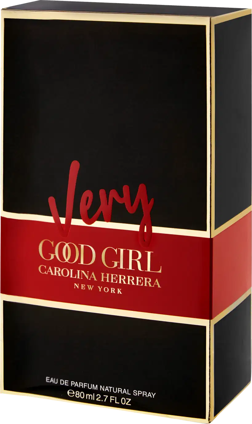Caixa preta com detalhes em dourado e vermelho. Na parte frontal, o nome "Good Girl" em letras vermelhas cursivas e os dizeres "Carolina Herrera New York" em letras douradas. Na parte inferior, as informações "Eau de Parfum Natural Spray 80ml.