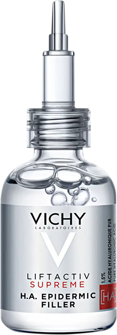 Frasco de vidro transparente com pipeta dosadora contendo o produto Liftactiv Supreme H.A. Epidermic Filler da Vichy. O rótulo apresenta o nome da marca e do produto em letras brancas sobre fundo preto.
