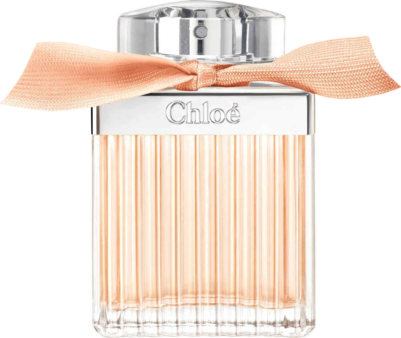 Frasco de perfume Chloé com tampa prateada e laço laranja, em embalagem de vidro com listras verticais, exibindo o nome da marca em destaque.