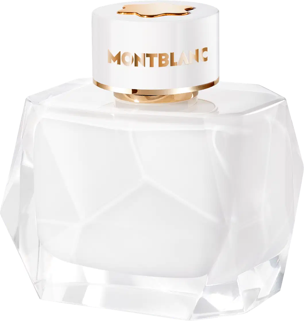 Perfume em frasco de vidro transparente com formato geométrico facetado. O design é minimalista e elegante, característico da marca de luxo Montblanc.
