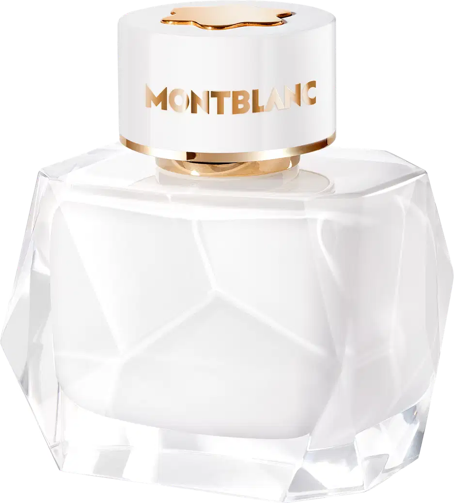 Perfume em frasco de vidro transparente com formato geométrico facetado. O design é minimalista e elegante, característico da marca de luxo Montblanc.