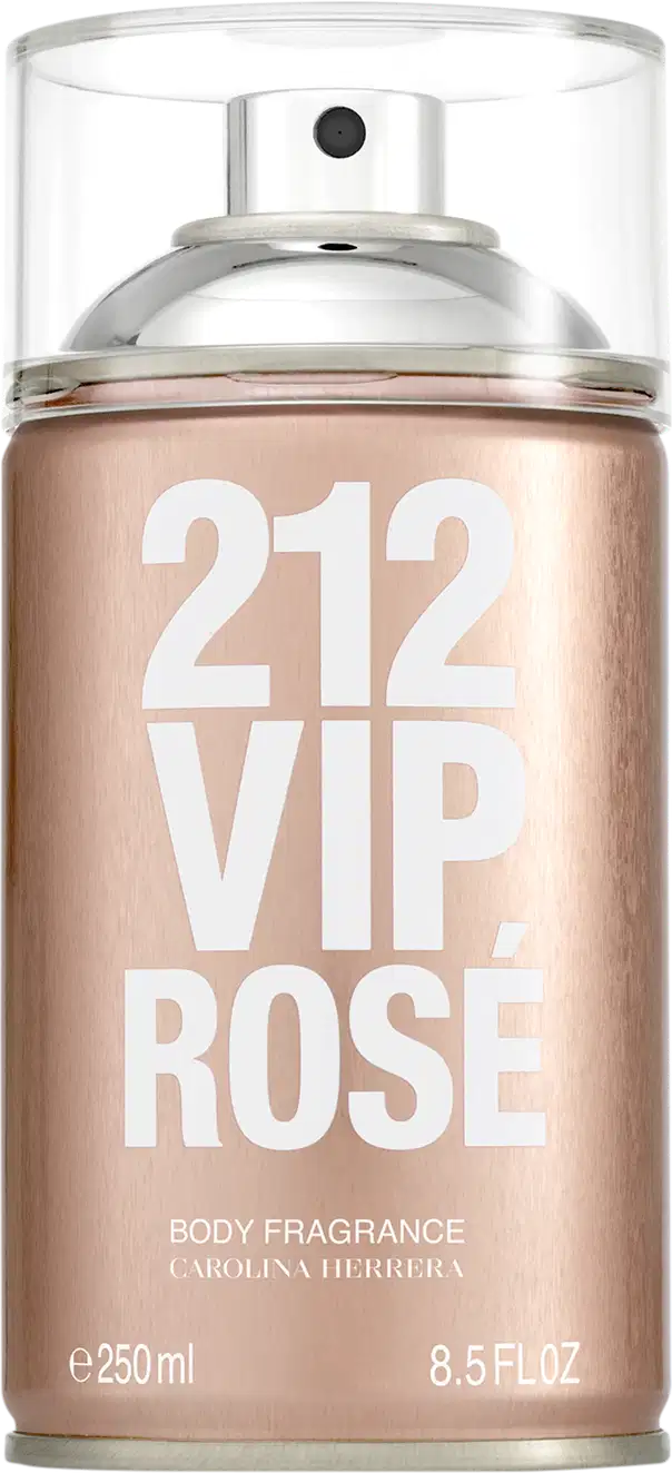Frasco de body spray Carolina Herrera 212 VIP Rose, com embalagem em tons de rosa e branco, contendo 250 ml do produto.
