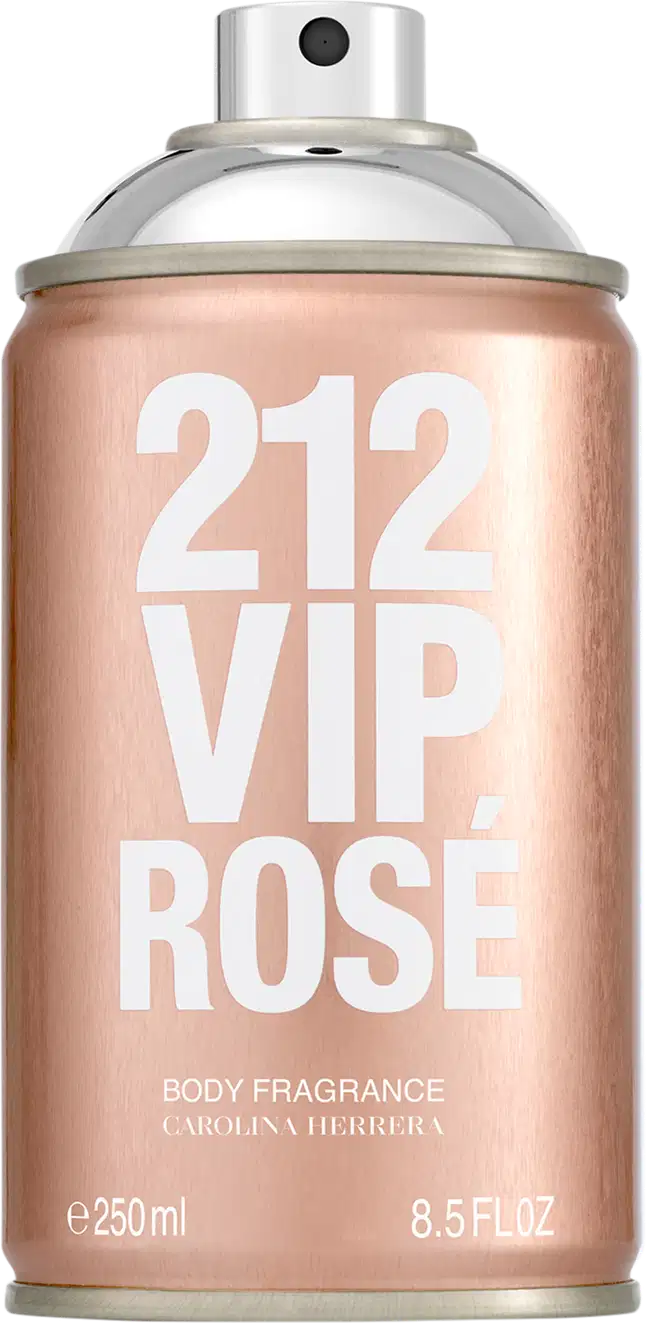Frasco de body spray Carolina Herrera 212 VIP Rose, com embalagem em tons de rosa e branco, contendo 250 ml do produto.