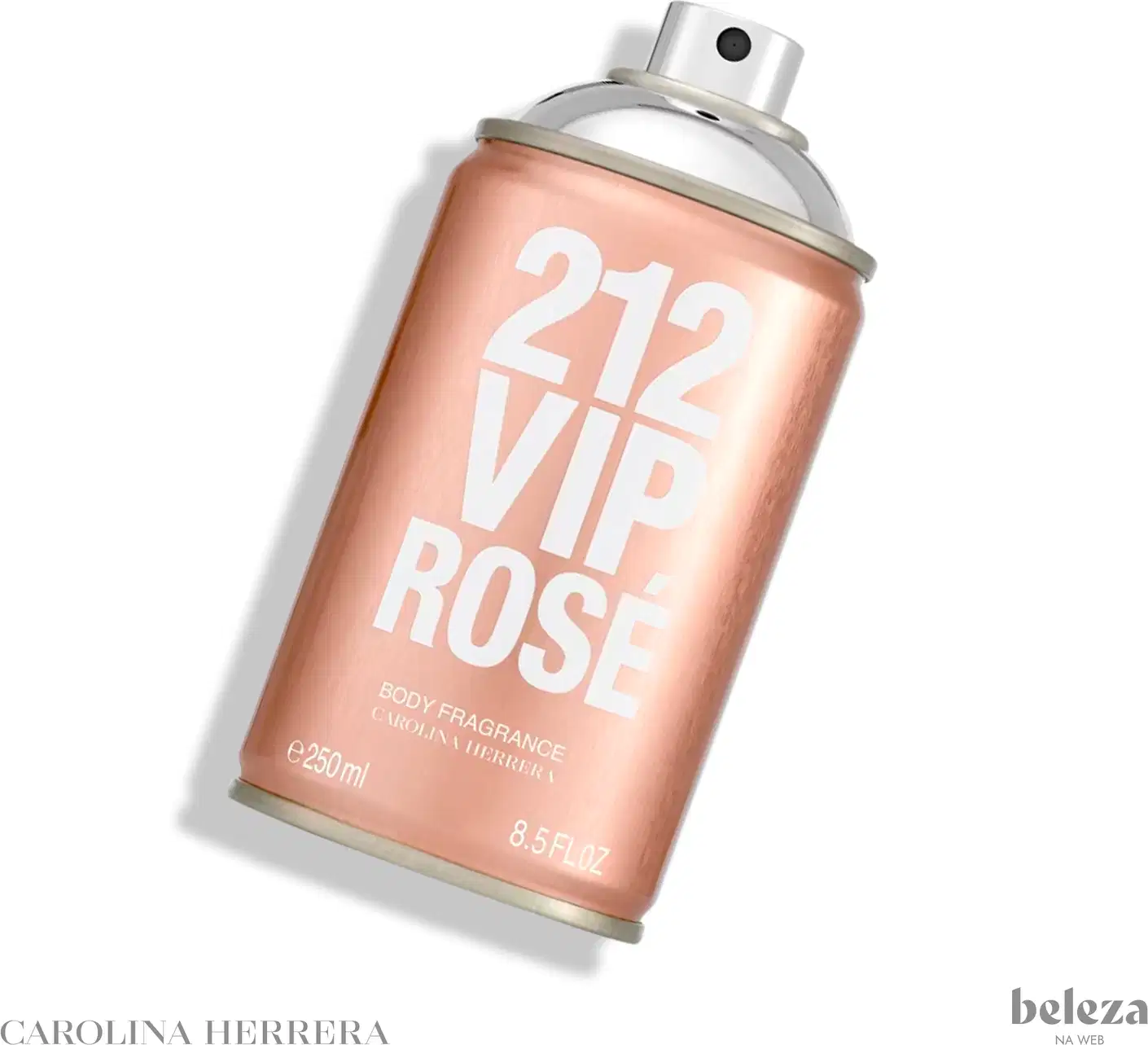 Frasco de body spray Carolina Herrera 212 VIP Rose, com embalagem em tons de rosa e branco, contendo 250 ml do produto.