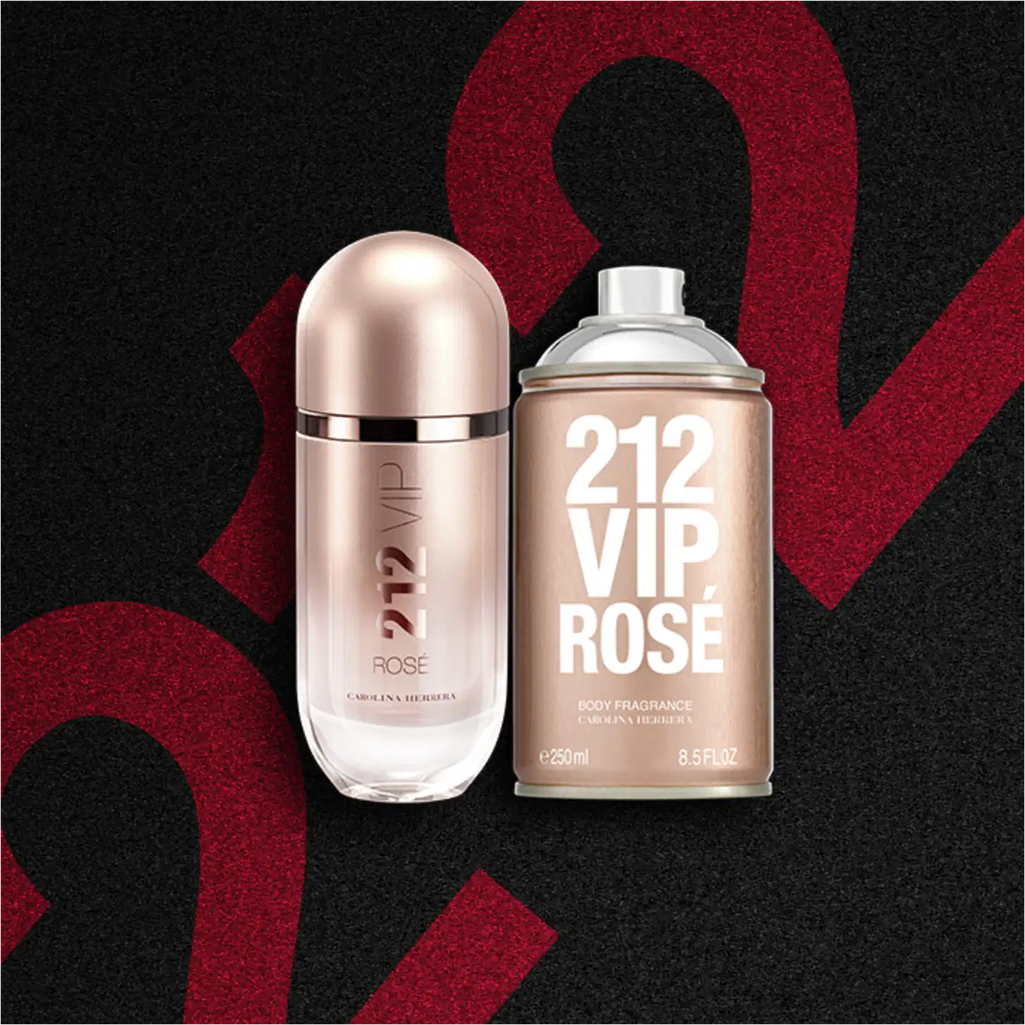 Dois frascos de perfume da marca Carolina Herrera: um frasco rosa com rótulo "212 VIP Rose" e outro frasco rosa com rótulo "212 VIP Rose".