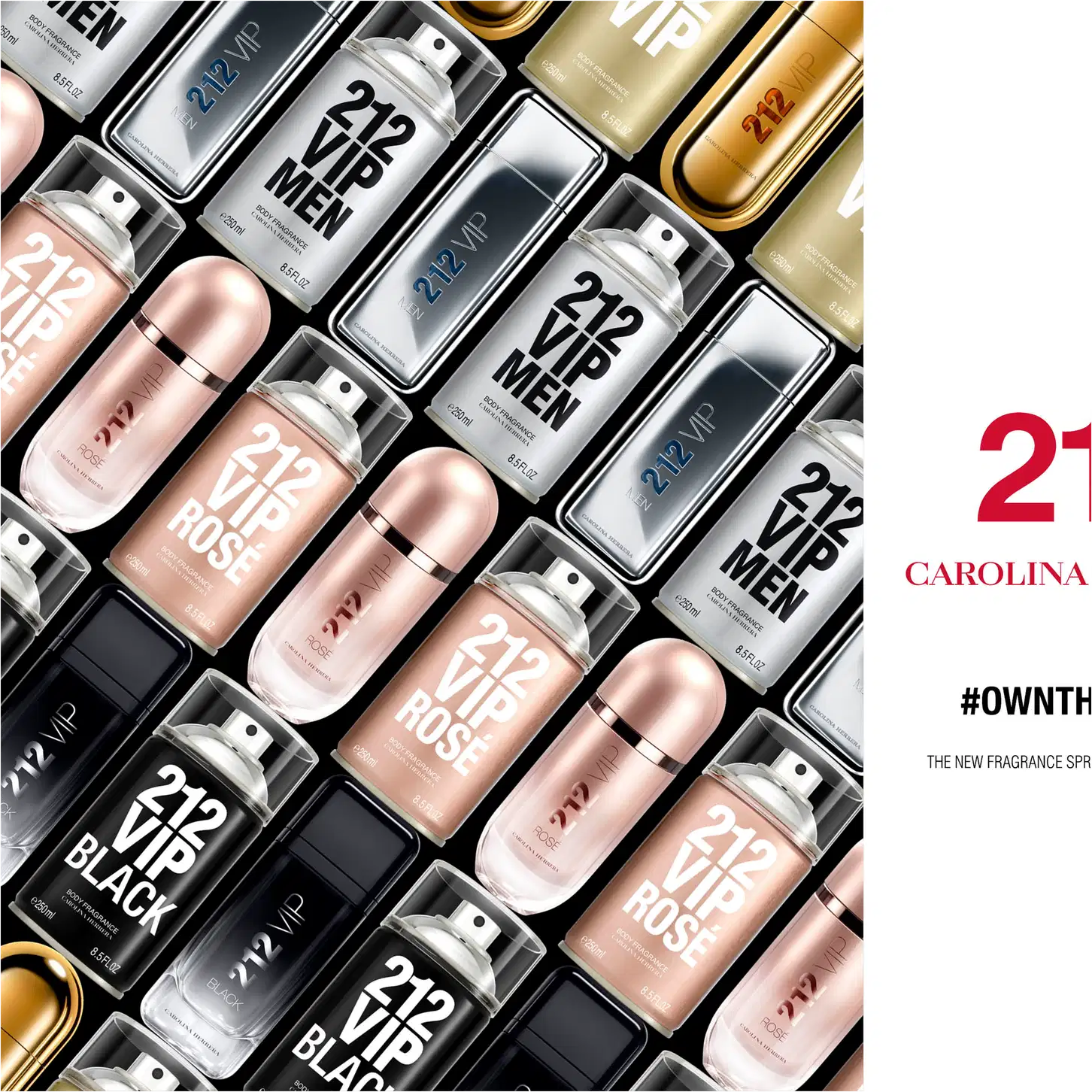 A imagem mostra diversos frascos de perfumes da marca Carolina Herrera, incluindo as linhas 212 VIP Men e 212 VIP Rose.