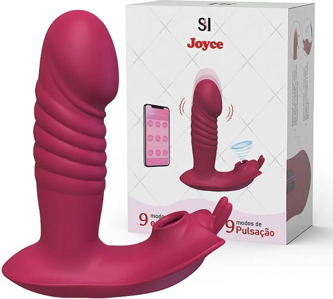 Vibrador rosa com 9 modos de vibração, embalado em caixa branca com logotipo "Sexy Import Joyce" e informações sobre o produto. Possui formato anatômico e textura aveludada.