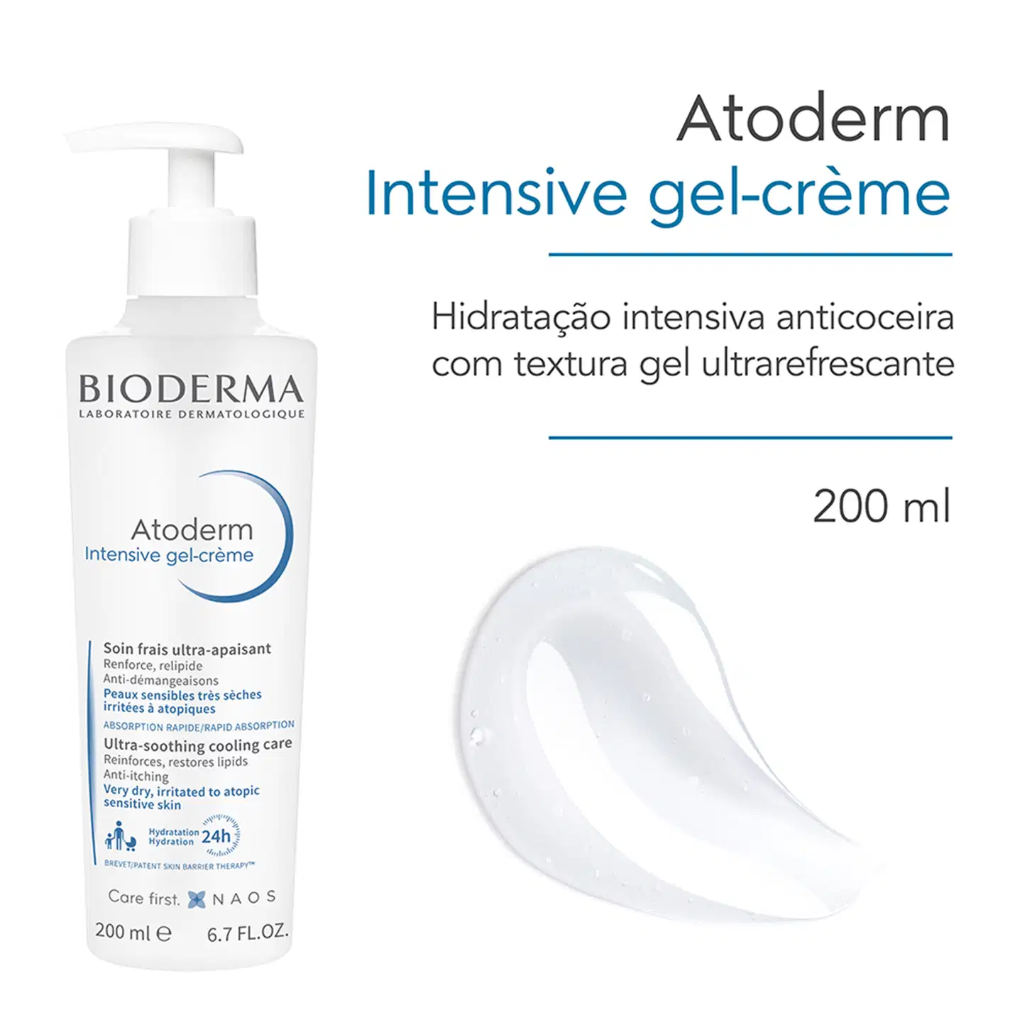 Frasco branco com bomba doseadora da marca Bioderma, contendo "Atoderm Intensive gel-creme", um produto de hidratação intensiva anticoceira com textura gel ultrarefrescante, com volume de 200 ml.