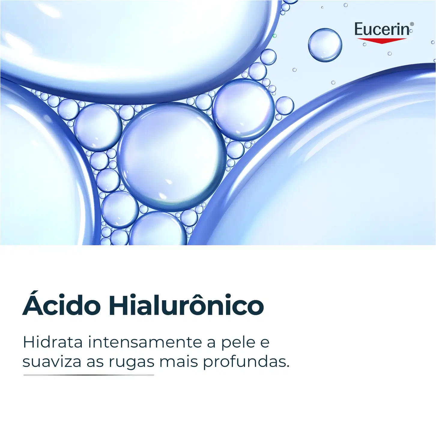 Imagem de bolhas e gotas de água em tons de azul, com o texto "Eucerin" e "Ácido Hialurônico" visível. O texto indica que o produto hidrata intensamente a pele e suaviza as rugas mais profundas.