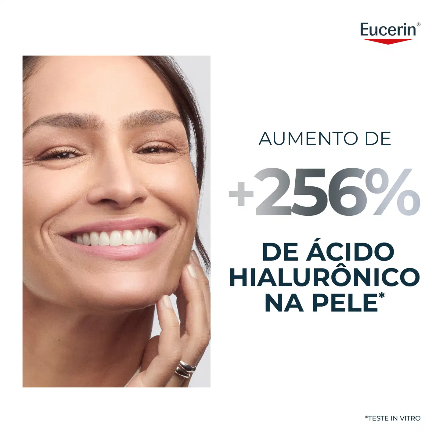 Imagem mostra rosto sorridente de mulher com pele radiante. Texto visível: "Aumento de +256% de ácido hialurônico na pele*". Logotipo da marca Eucerin.